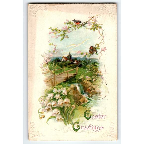 Vintage 1913 Easter Greetings Postcard with Birds & Lily of the Valley Antique - Picture 1 of 2